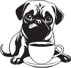 Cheerful Pug with Coffee Mug Cartoon Graphic Happy Pug and Coffee Mug Logo Icon