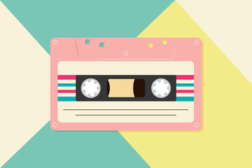 Retro musical geometric background 80s 90s style. Poster with audio cassette template.