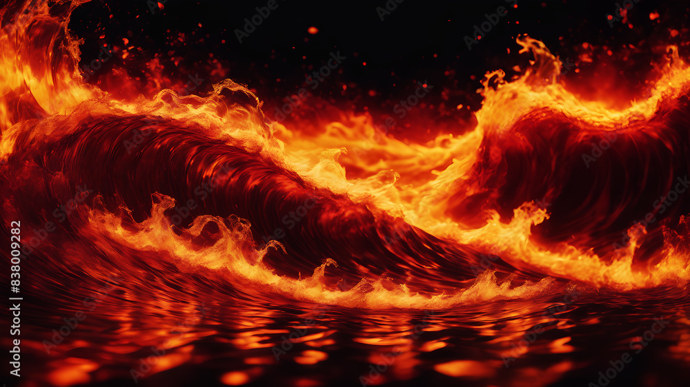 Poster create an abstract background with dynamic waves in fiery hues of red, orange, and yellow. the waves