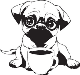 Sweet Pug Dog and Coffee Mug Logo Design Charming Pug with Coffee Mug Graphic Vector