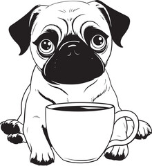 Charming Pug Dog with Coffee Mug Logo Art Lovable Pug Dog with Coffee Mug Graphic Vector
