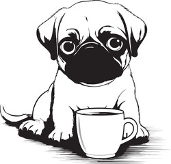 Lovable Pug Dog with Coffee Mug Graphic Vector Joyful Pug with Coffee Mug Cartoon Icon