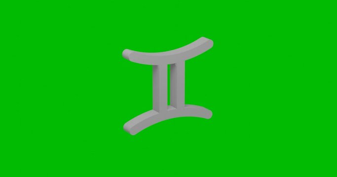 Animation of rotation of a white zodiac gemini symbol with shadow. Simple and complex rotation. Seamless looped 4k animation on green chroma key background