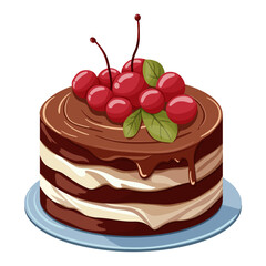 Chocolate cream cake decorated with cherries. Illustration on a white background