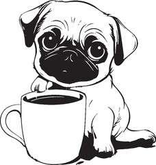 Cute Pug Dog with Coffee Mug Graphic Icon Adorable Pug with Coffee Mug Cartoon Vector