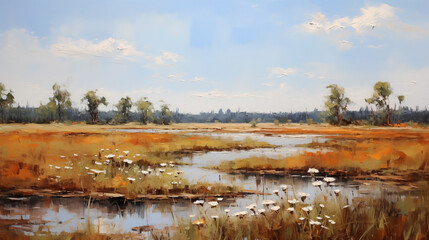 Impressionist art summer landscape with white flowers and a marsh