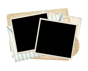 Two retro photo frame on vintage envelope. Nostalgic scrapbooking style. Mock up template. Copy space for text. Isolated on white background
