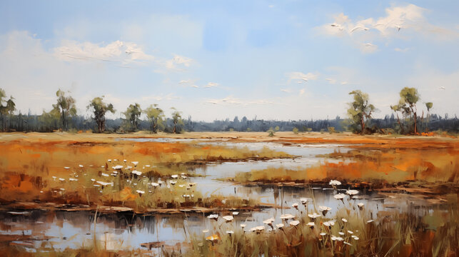 Impressionist art summer landscape with white flowers and a marsh