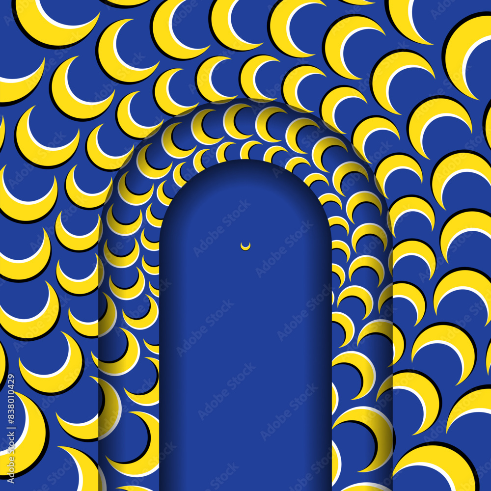 Poster arched frame with pattern of crescents. optical illusion as if the crescent moons are moving over th