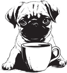 Adorable Pug with Coffee Mug Cartoon Icon Playful Pug Dog with Coffee Graphic Logo