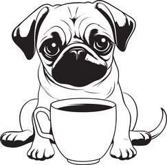 Lovable Pug and Coffee Mug Graphic Design Cheerful Pug with Coffee Vector Art
