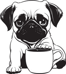 Lovable Pug Dog with Coffee Icon Logo Joyful Pug with Coffee Mug Graphic Vector
