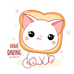 Cute little cat with slice of bread on the head. Kawaii white kitten in bread. Inscription Home baking. Vector illustration EPS8