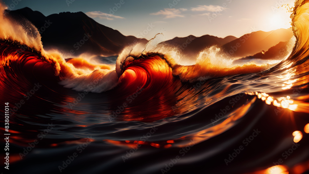 Poster create an abstract background with dynamic waves in fiery hues of red, orange, and yellow. the waves
