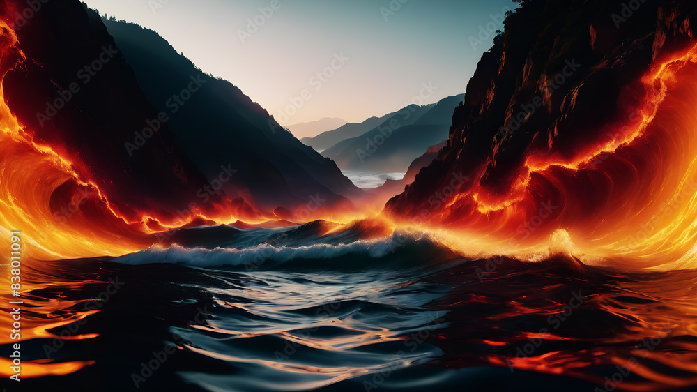 Poster create an abstract background with dynamic waves in fiery hues of red, orange, and yellow. the waves