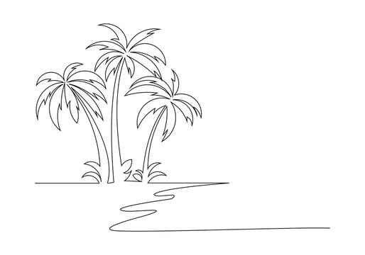 recommend clip art: Continuous single one line art sketch drawing of beach sea with palm coconut tree tropical summer landscape vector illustration