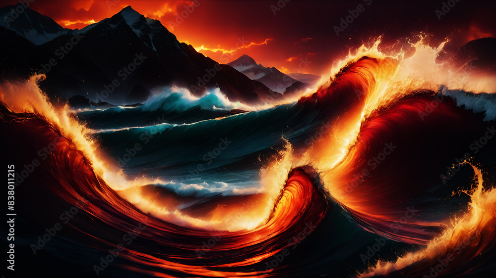Poster create an abstract background with dynamic waves in fiery hues of red, orange, and yellow. the waves