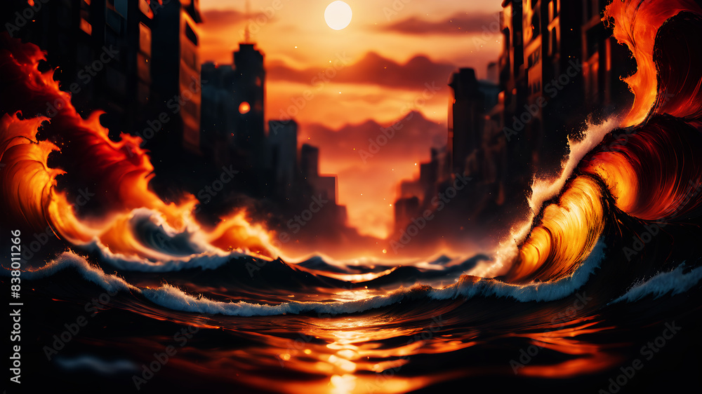 Poster create an abstract background with dynamic waves in fiery hues of red, orange, and yellow. the waves