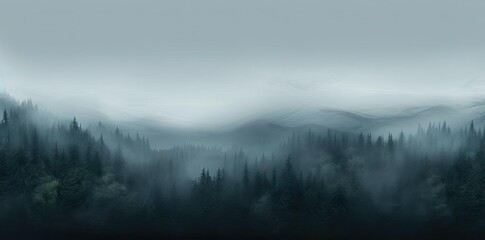 foggy texture of a forest with tall green trees under a gray and blue sky