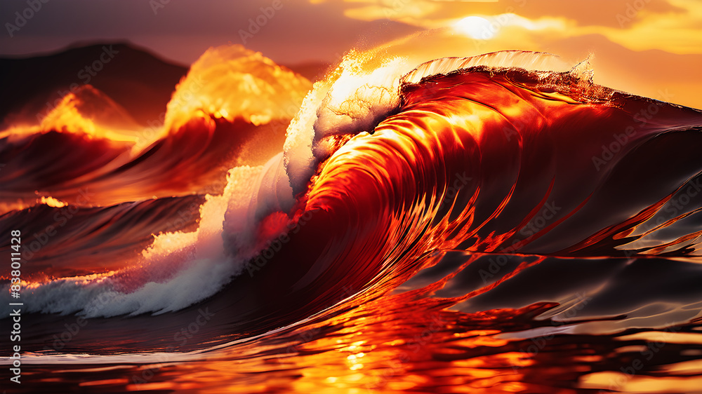 Poster create an abstract background with dynamic waves in fiery hues of red, orange, and yellow. the waves