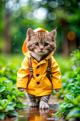 Cute anthropomorphic kitten in a yellow raincoat