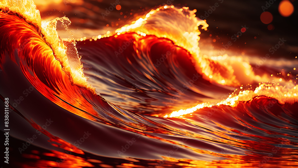 Poster create an abstract background with dynamic waves in fiery hues of red, orange, and yellow. the waves