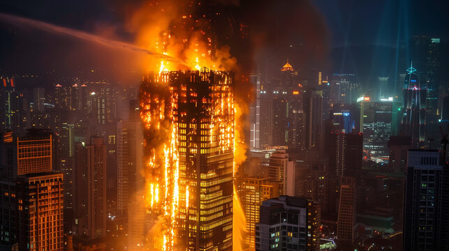 High  fire burning skyscraper building