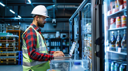 A worker wearing a safety vest and hard hat uses a laptop to monitor the temperature of an industrial refrigerated room