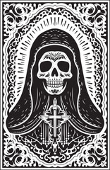 Black and White Vector of Santa Muerte Crowned Santa Muerte Graphic Art