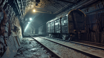 An ore cart sits on rails inside a dark mine tunnel, lit by artificial lights