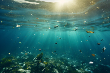 Fototapeta premium Created with generative AI image of ecological pollution garbage in the sea