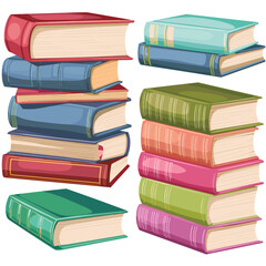 Stacks colorful books vector illustration education reading. Hardcover textbooks pile cartoon graphic design library. Bright covers, academic studying resources isolated white background