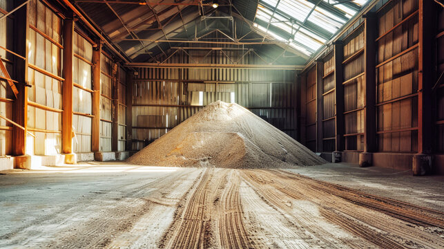 A massive pile of sand stands tall in a warehouse surrounded by bags of potash fertilizers, showcasing the mining and processing of minerals