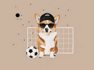 Corgi in sunglasses and baseball cap sit near soccer ball and football goals. Creative idea. Collage pop art design, retro vintage. For fashion prints, home decor, ads, book covers, social media.