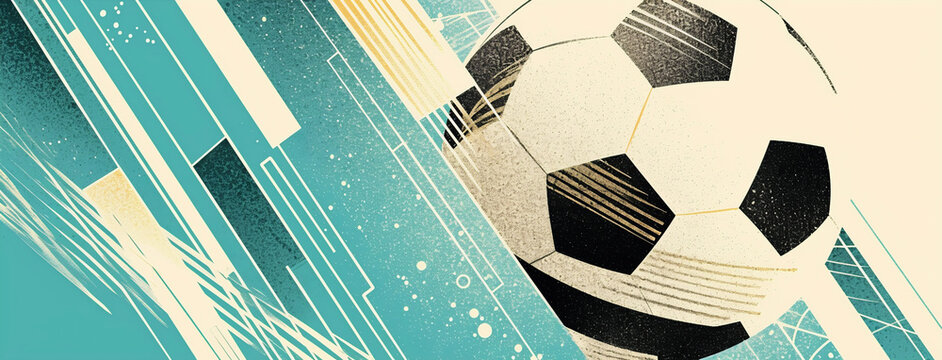 Retro green banner with soccer ball on geometric abstract background with copy space. For sports marketing, vintage posters, graphics, banners, advertisements. Summer Olympic Games in France