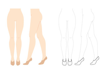 Foot, No-show socks Set on women legs - natural beige and line style. Hosiery Fashion accessory clothing technical illustration stocking. Vector front, side view, flat template on white background