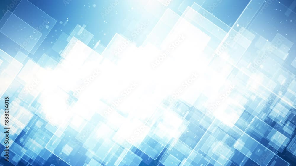Poster rectangular abstract background, geometric shape light patterns in blue and white, creating a bright