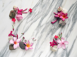 Design banner with flowers frame on white marble background