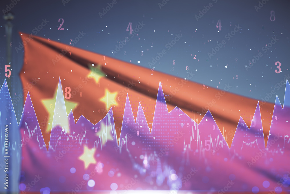 Poster multi exposure of abstract virtual graphic data spreadsheet sketch on chinese flag and sunset sky ba
