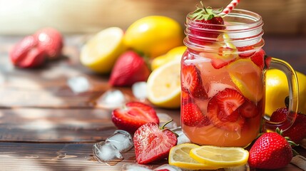 A refreshing strawberry lemonade in a mason jar, filled with ice cubes and garnished with fresh strawberries and lemon slices, on a rustic wooden table with a summery backdrop.
