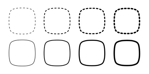 Set of dashed squircles or squares with rounded borders. Simple geometric shapes and frames isolated on white background. Text boxes or labels with empty space. Vector graphic illustration.