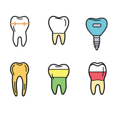 Set dental icons showing various tooth conditions treatments. Upper left tooth braces, upper natural healthy tooth, right dental implant, left displays cavity, wearing