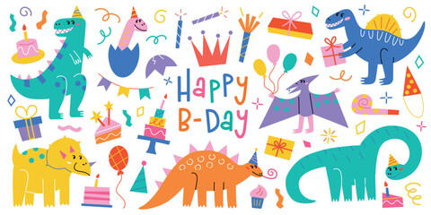 Cute dinosaur birthday set, vector illustration of happy party, collection with cake, gifts, balloons, and hats. Flat cartoon style, colorful doodles, playful characters, festive celebration elements © Elena