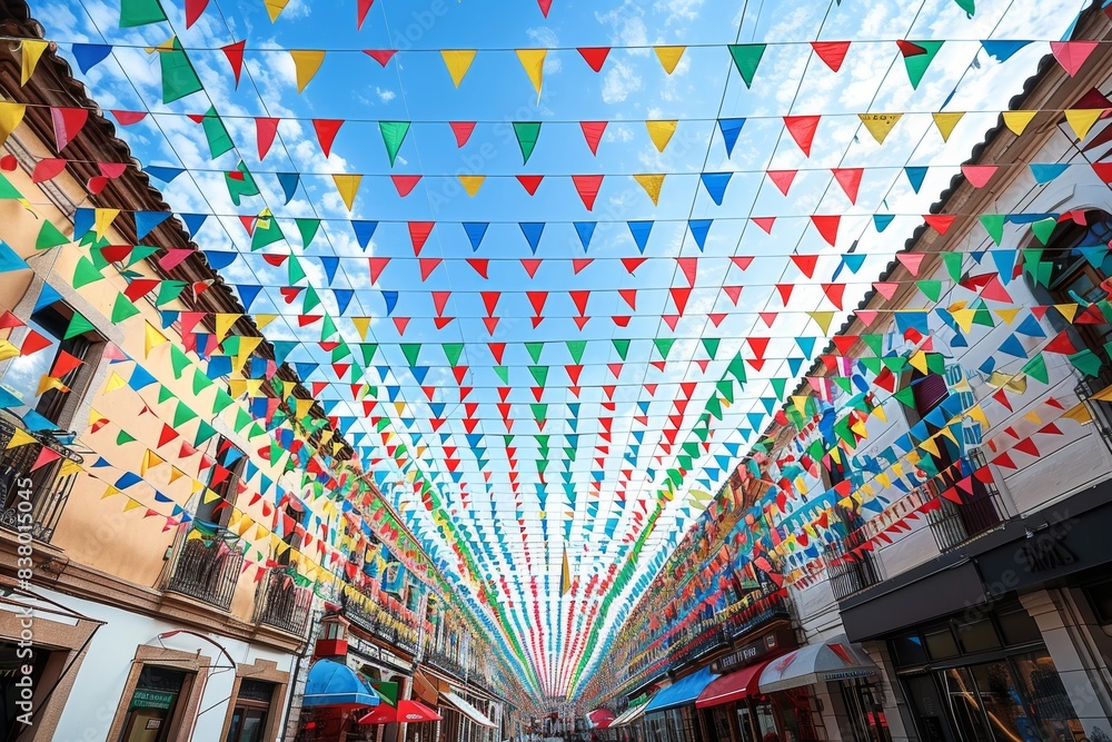 Wall mural Festive rainbow bunting hanging in a vibrant outdoor celebration, capturing the joy and energy of a lively street party with colorful decorations and cheerful atmosphere