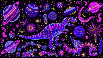 A colorful space scene with a purple dinosaur and other creatures