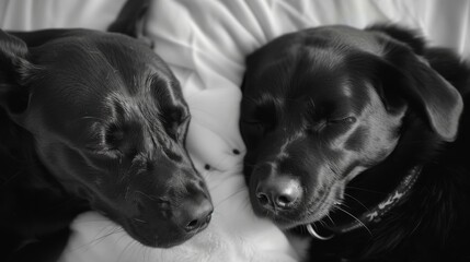 Two black dogs are sleeping on a white blanket