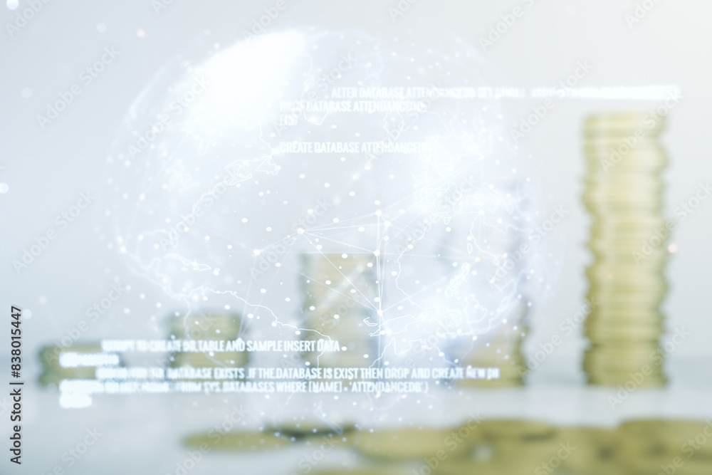 Aufkleber multi exposure of abstract programming language hologram and world map on growing coins stacks backg