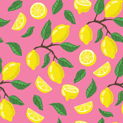 Tropical seamless pattern with yellow lemons on a pink background. Colorful pattern with fresh fruits collection. Cute fruit summer background. 