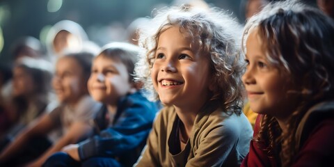 Fototapeta premium Children happily engaged in a concert or movie smiling and enjoying. Concept Kids Entertainment, Music and Movies, Smiling Faces, Joyful Reactions