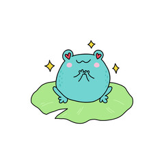 Cute cartoon frog with lotus leaf. Kawaii froggie. Baby animal for childish stickers and prints. Cartoon summer character for kids. Flat childish illustration on a white background